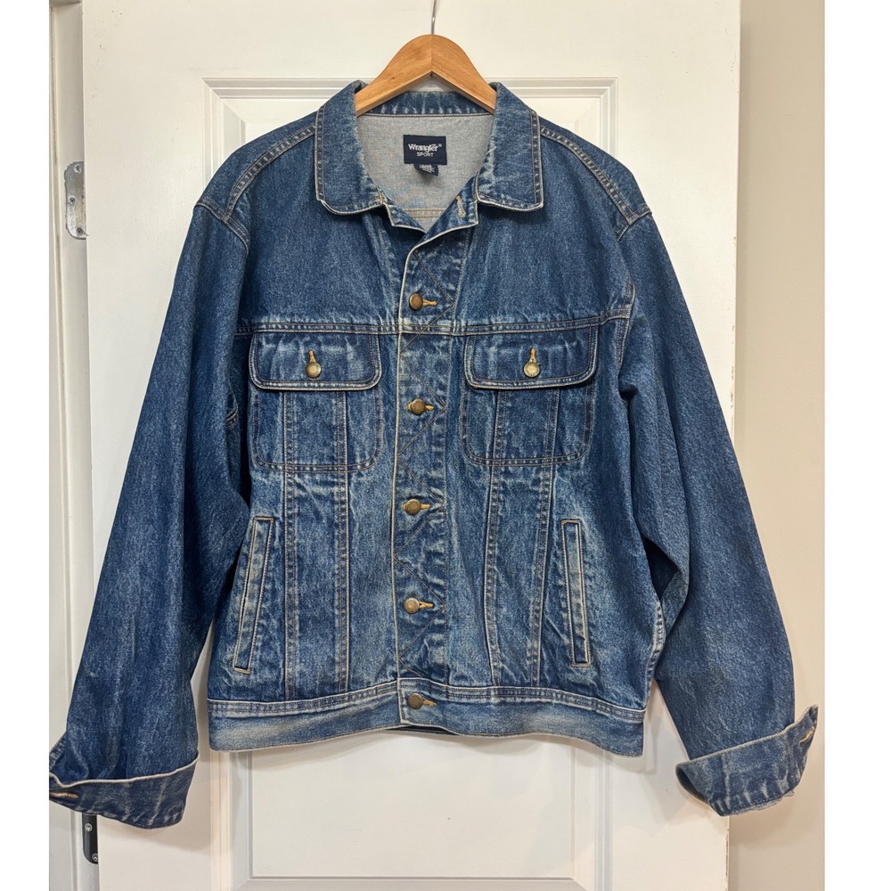 Vintage Wrangler Sport Mens Blue Denim Trucker Jacket Medium Wash Size L